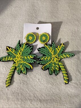 Beaded Green & Yellow Palm Tree Drop Earrings